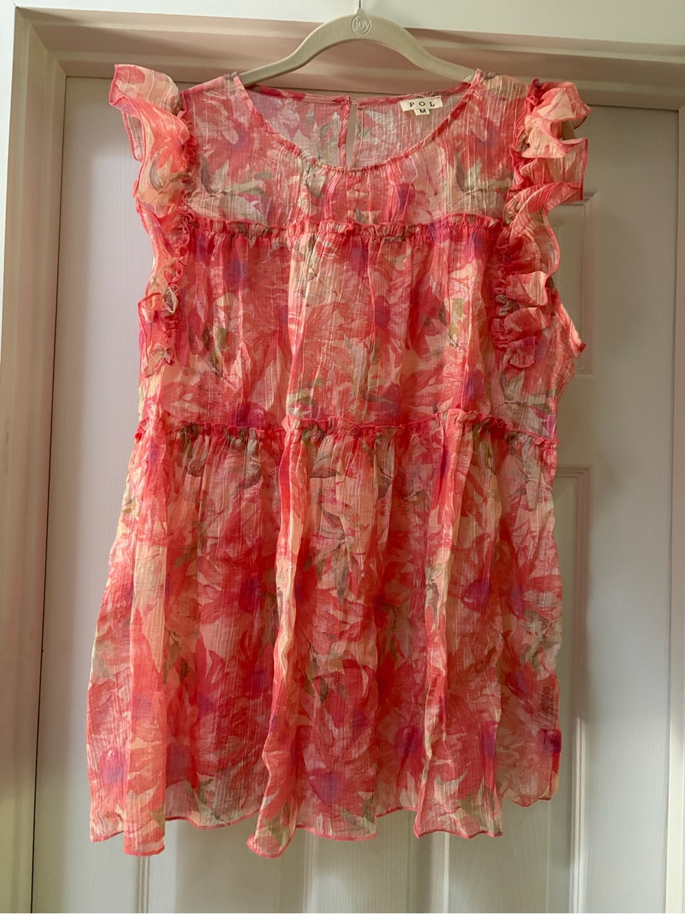POL Coral and Cream Floral Ruffle Blouse